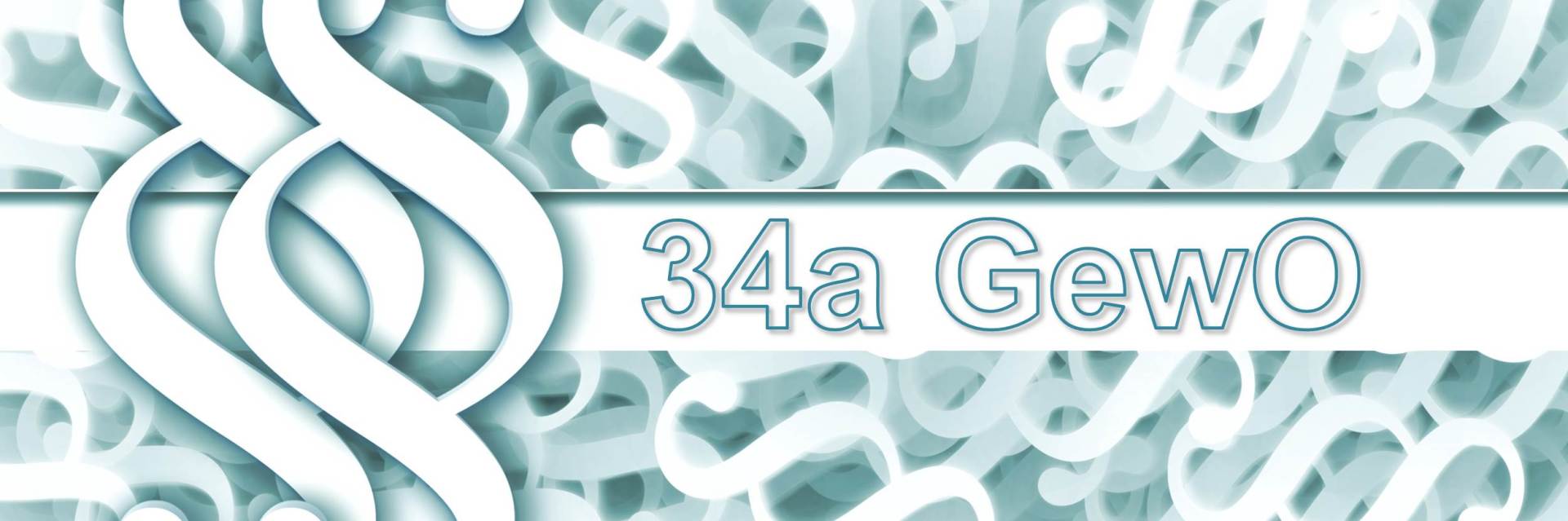 Dekorativer, türkisfarbener, abstrakter Hintergrund mit weißen Wirbeln und dem zentrierten Text „34a Gewo“ in einem weißen Banner