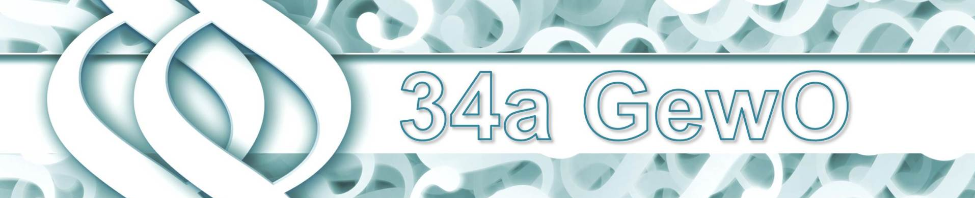 Weißes abstraktes Logo neben dem Text „34a Gew0“ auf hellblauem Hintergrund