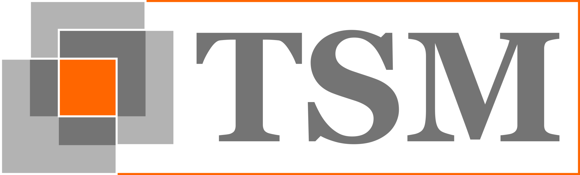 TSM-Logo mit überlappenden grauen Quadraten und einem kleinen orangefarbenen Quadrat