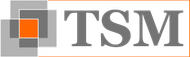 TSM-Logo mit überlappenden grauen Quadraten und einem kleinen orangefarbenen Quadrat