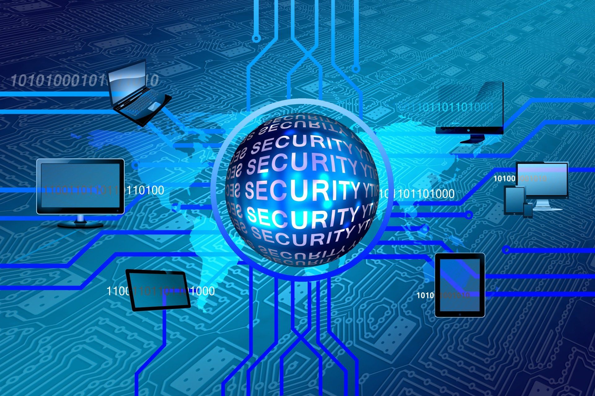 Blaue Cybersicherheitsgrafik mit einem leuchtenden Schloss und verbundenen Computerbildschirmen auf einem Leiterplattenhintergrund