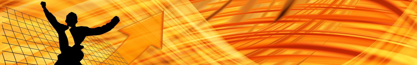 Silhouette einer Person mit erhobenen Armen vor einem leuchtend orangefarbenen abstrakten Hintergrund
