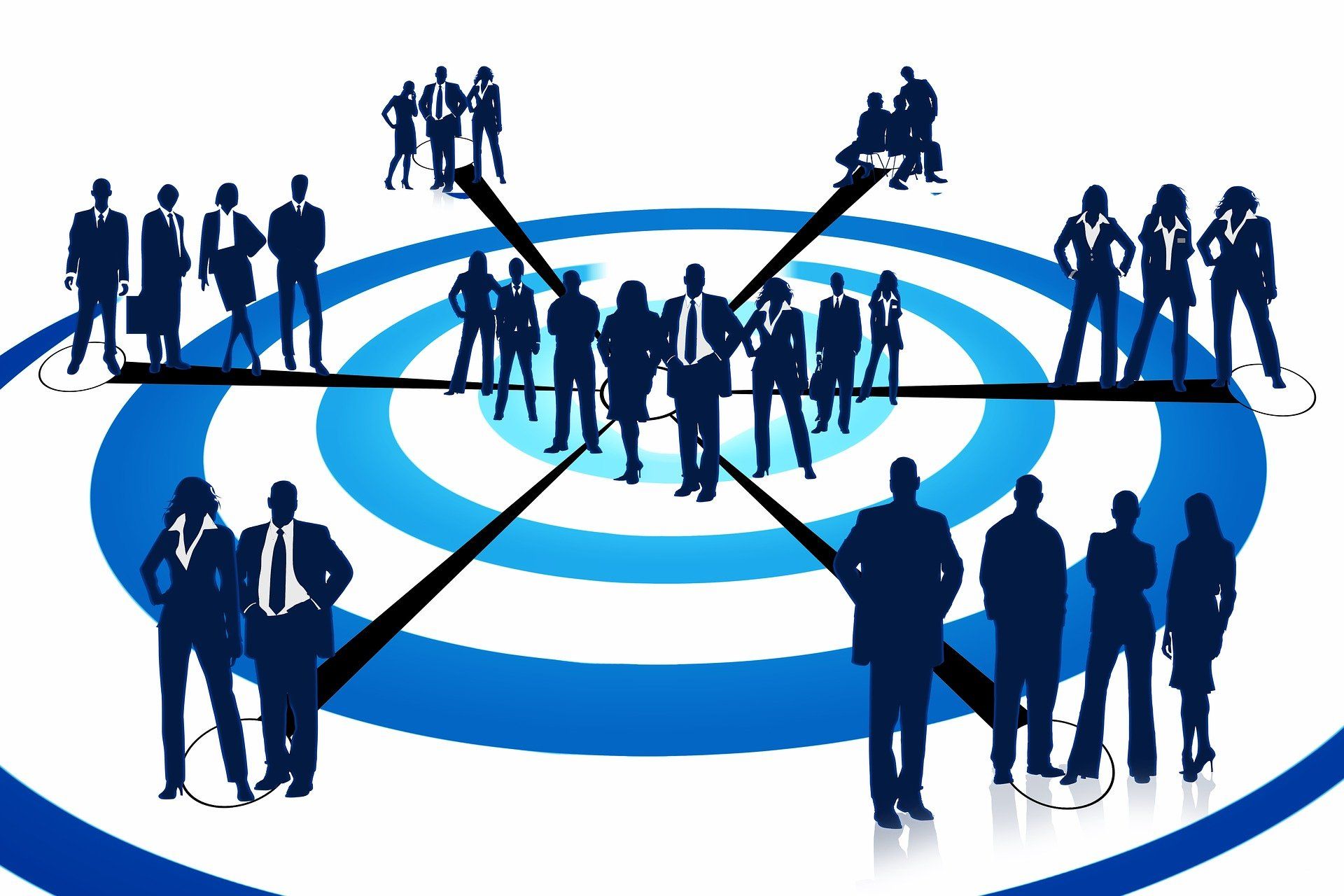 Geschäftsleute stehen auf einer blauen Zielscheibe und sind durch Linien miteinander verbunden, die Networking oder Teamarbeit symbolisieren.