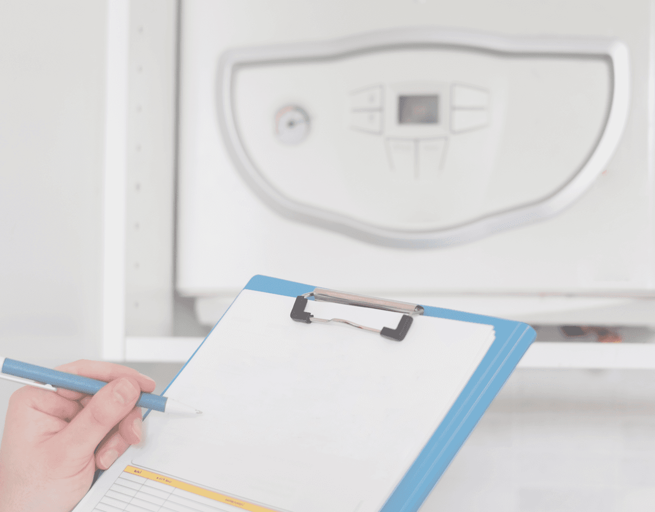 A person is holding a clipboard and a pen in front of a boiler.