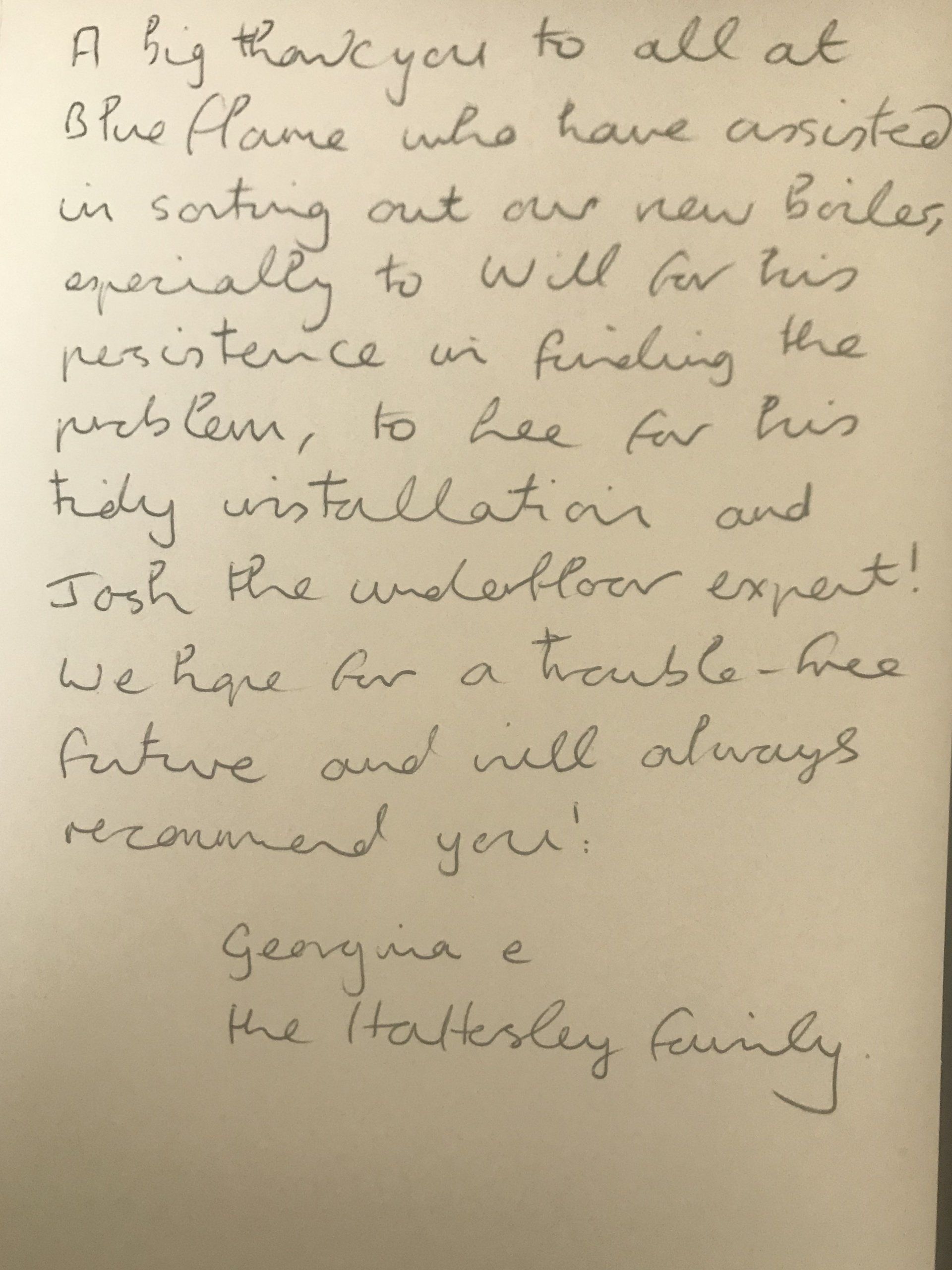 A handwritten note that says a big thank you to all at blue flame who have assisted in setting out our new boiler