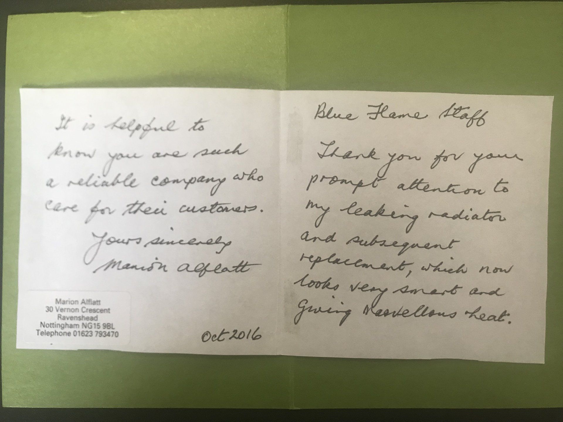 A thank you letter from blue horse staff dated october 2016