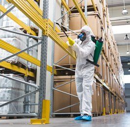 Pest Control — Exterminator in Factory Spraying Pesticide in New Castle, Indiana Pest Control — Exterminator in Factory Spraying Pesticide in New Castle, Indiana