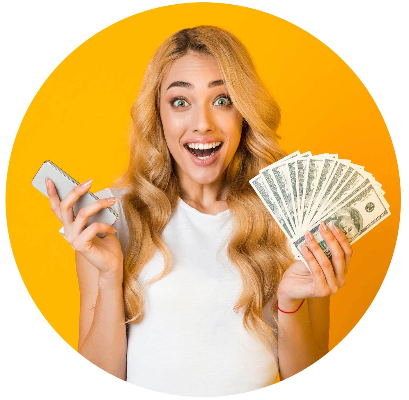Woman Holding Smartphone & Money
