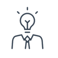 Outline icon of a person in a shirt and tie with a lightbulb for a head, suggesting an idea or creativity