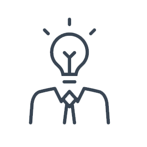 Outline icon of a person in a shirt and tie with a lightbulb for a head, suggesting an idea or creativity