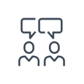 Two people with speech bubbles above them, suggesting a conversation or discussion.