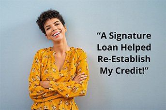 Woman with a Yellow Dress Smiling Besides the Slogan
