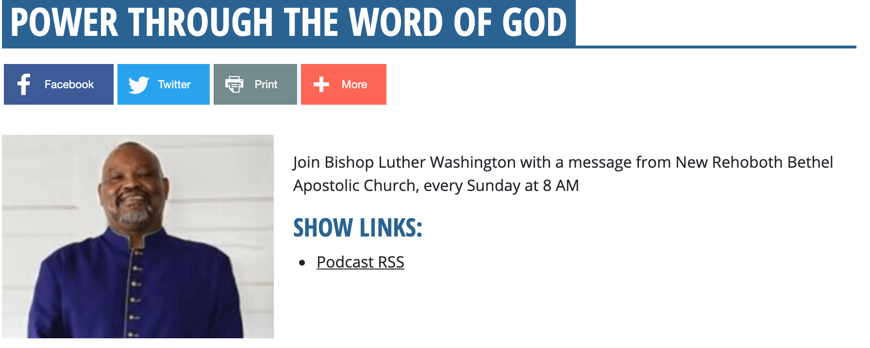 Bishop Luther Washington with a message from New Testament Bible Associa Church.