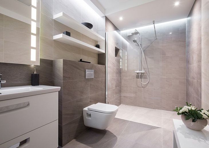 A bathroom with a toilet , sink , and walk in shower.