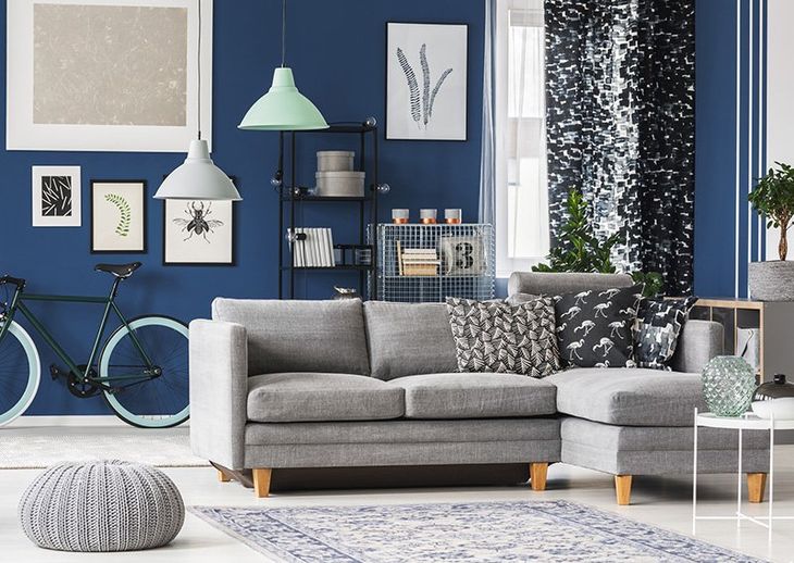A living room with a couch and a bicycle on the wall.