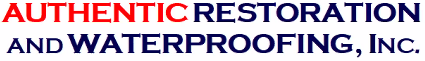 Logo for Authentic Restoration and Waterproofing, Inc. with red and dark blue text on a white background.