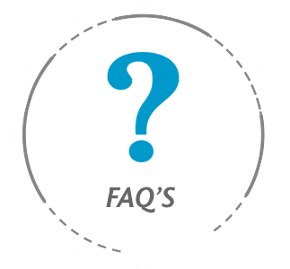 A blue question mark in a circle with the words faq 's below it.