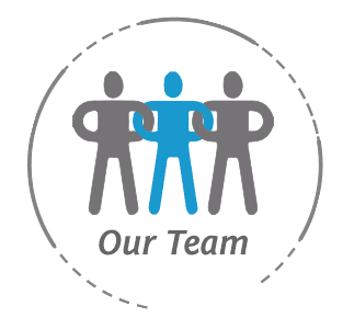 A logo for a team with three people standing next to each other.
