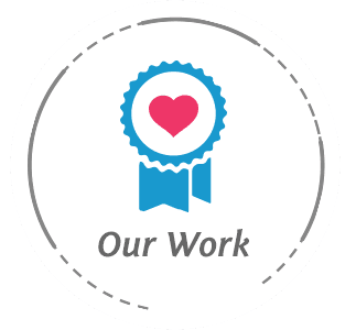 A blue ribbon with a heart in the middle and the words `` our work '' below it.