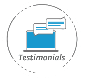 A logo for testimonials with a laptop and speech bubbles.