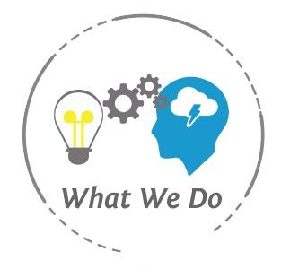 A logo for a company called what we do with a light bulb , gears , and a brain.
