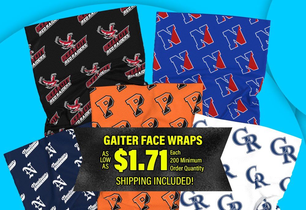 A group of gaiter face wraps sitting on top of each other on a blue background