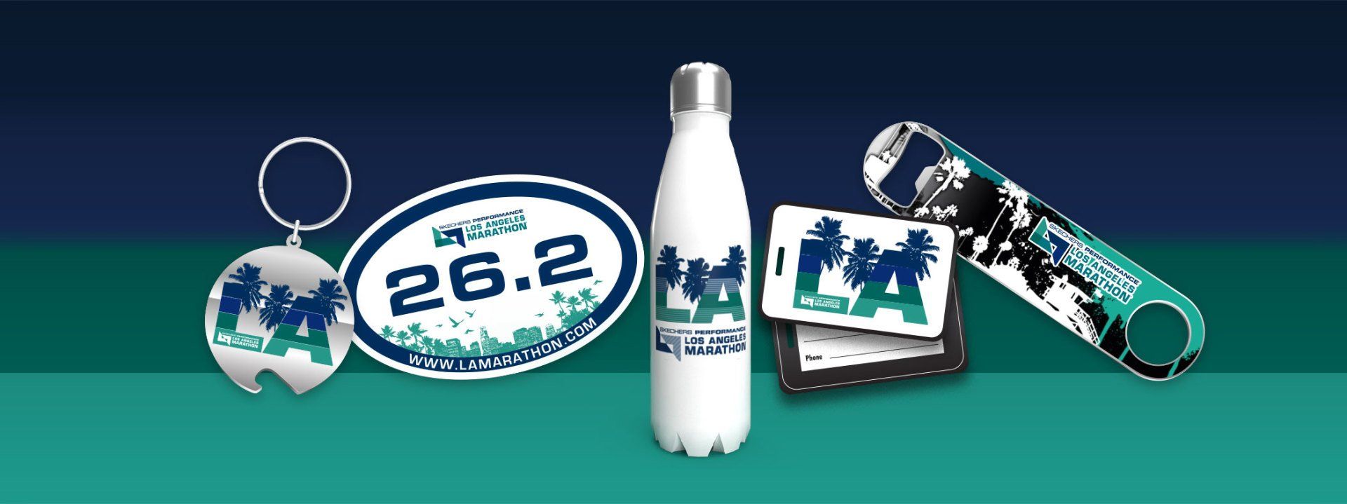 A bottle of water , a keychain , a sticker , and a bottle opener are on a table.