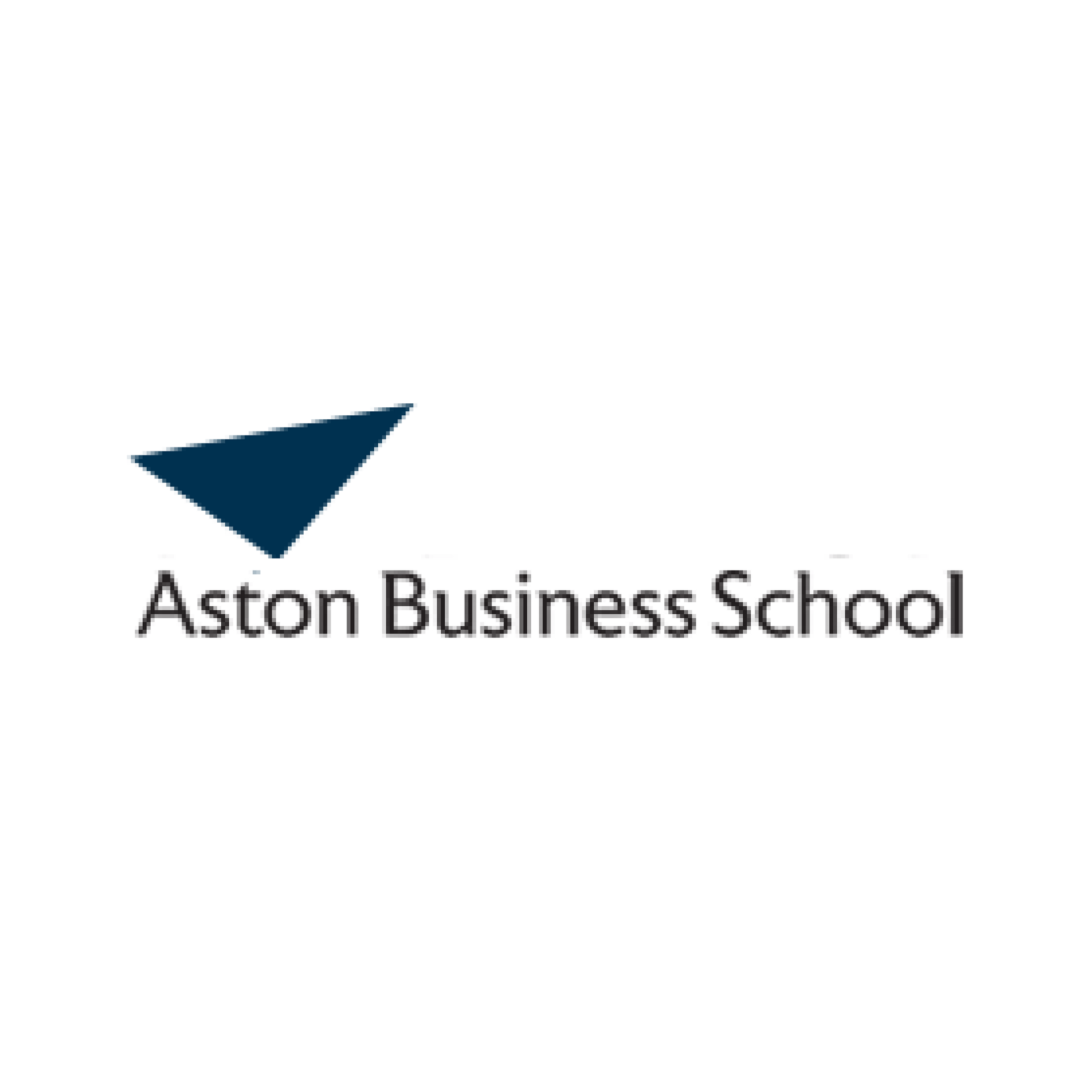 Aston Business School logo with dark blue abstract triangle and gray text on white background
