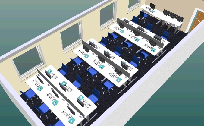 Call centre with rows of blue and white computer desks beside windows