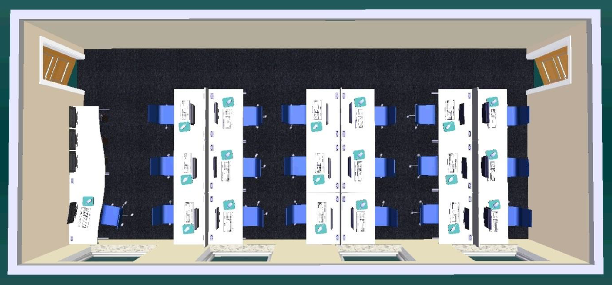 Top-down view of a modern office with rows of desks, blue chairs, and computers in a long rectangular room