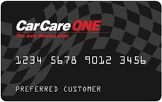 CarCareONE credit card with white text and a checkered flag background.