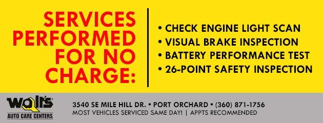Advertisement for Walts Auto Care, offering free services: check engine light scan, brake inspection, battery test, and safety inspection.