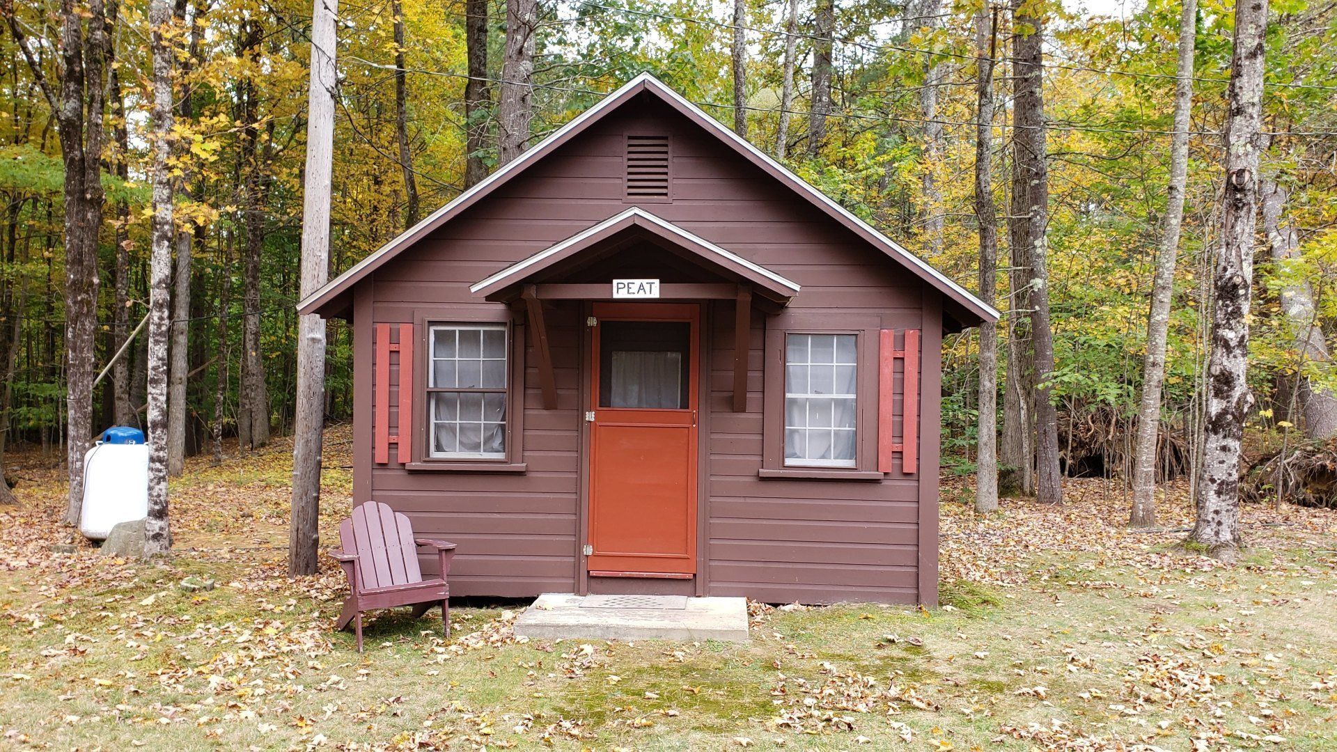 A small wooden cabin in the middle of a forest.