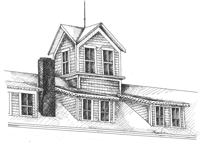 A black and white drawing of a house with a chimney on the roof.