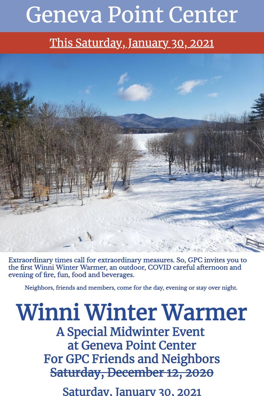 A poster for a winter warmer event at geneva point center