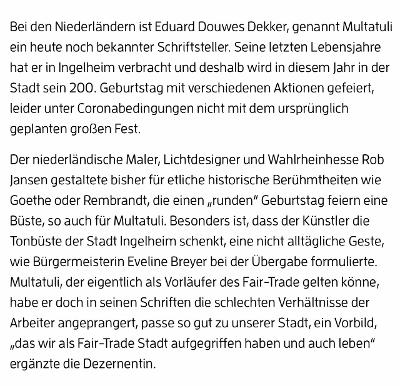 Deutscher Zeitungsartikel über den Künstler Eduardo Duwe Dekker und eine Keramikplakette in Ingelheim