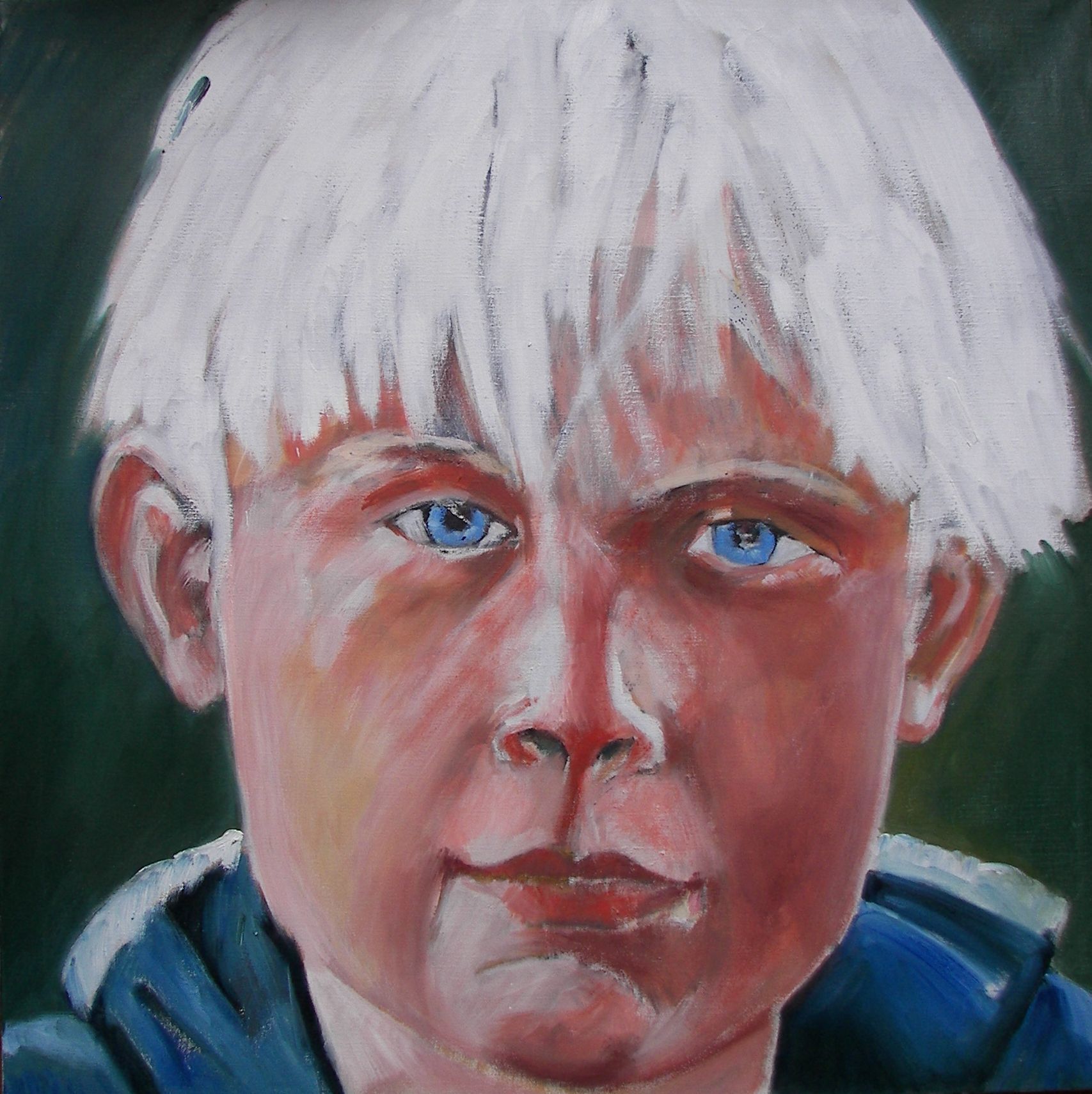 Gemälde eines Kindes mit weißen Haaren und blauen Augen vor dunklem Hintergrund