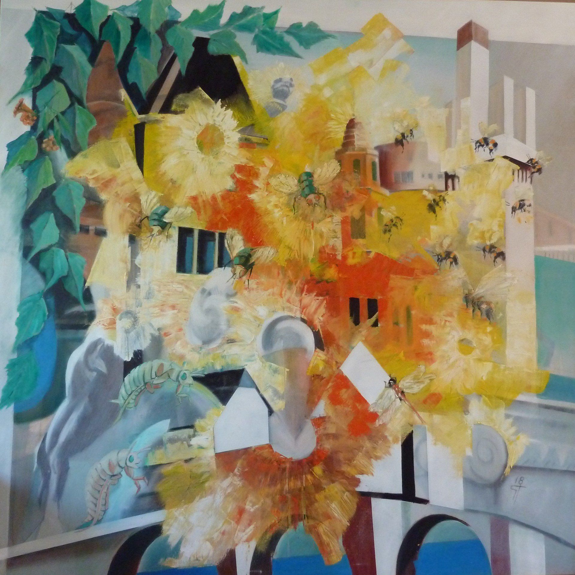 Abstrakte Aquarellcollage mit leuchtend gelben, orangen, blauen und grünen Formen um Gebäude und Bäume