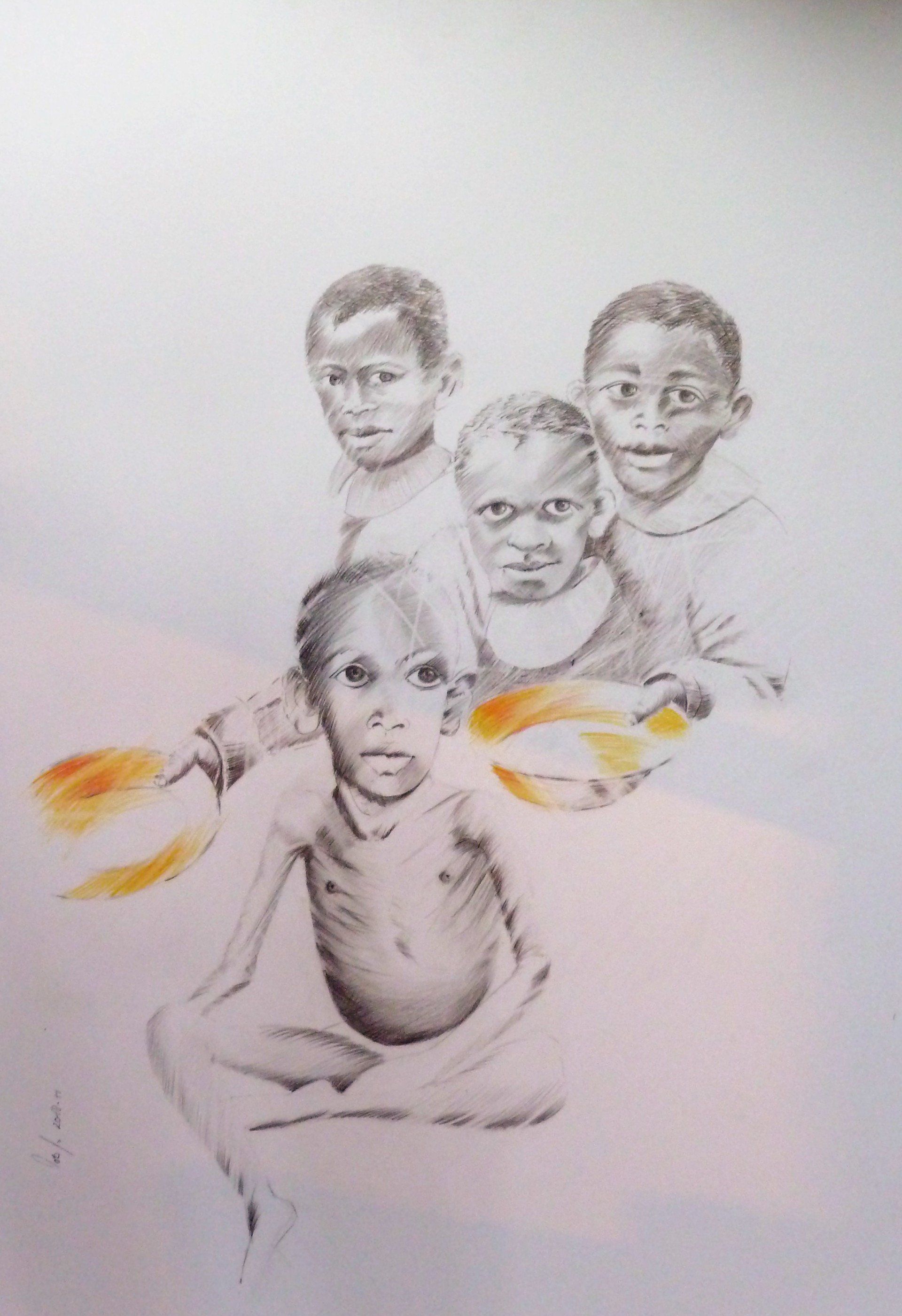 Vier Bleistiftskizzen von Gesichtern und einem sitzenden Kind, mit orangefarbenen Aquarellakzenten an den Seiten.