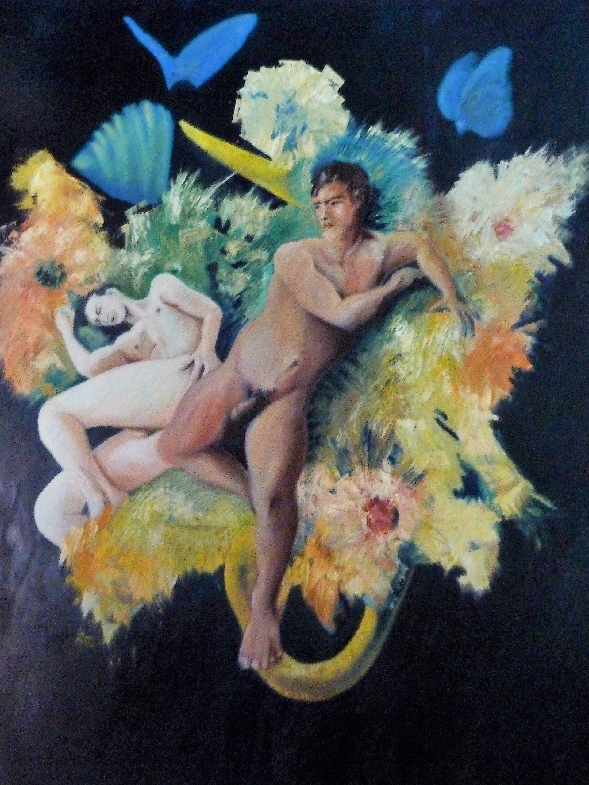 Surreale Collage zweier nackter Figuren inmitten bunter Blumen und Schmetterlinge auf dunklem Hintergrund