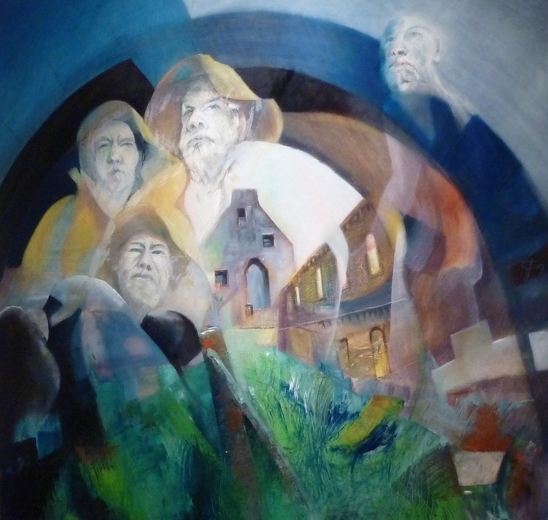 Abstraktes Gemälde mit geisterhaften Gesichtern, einem Haus und einer blaugrünen Landschaft in sanft ineinanderfließenden Farben