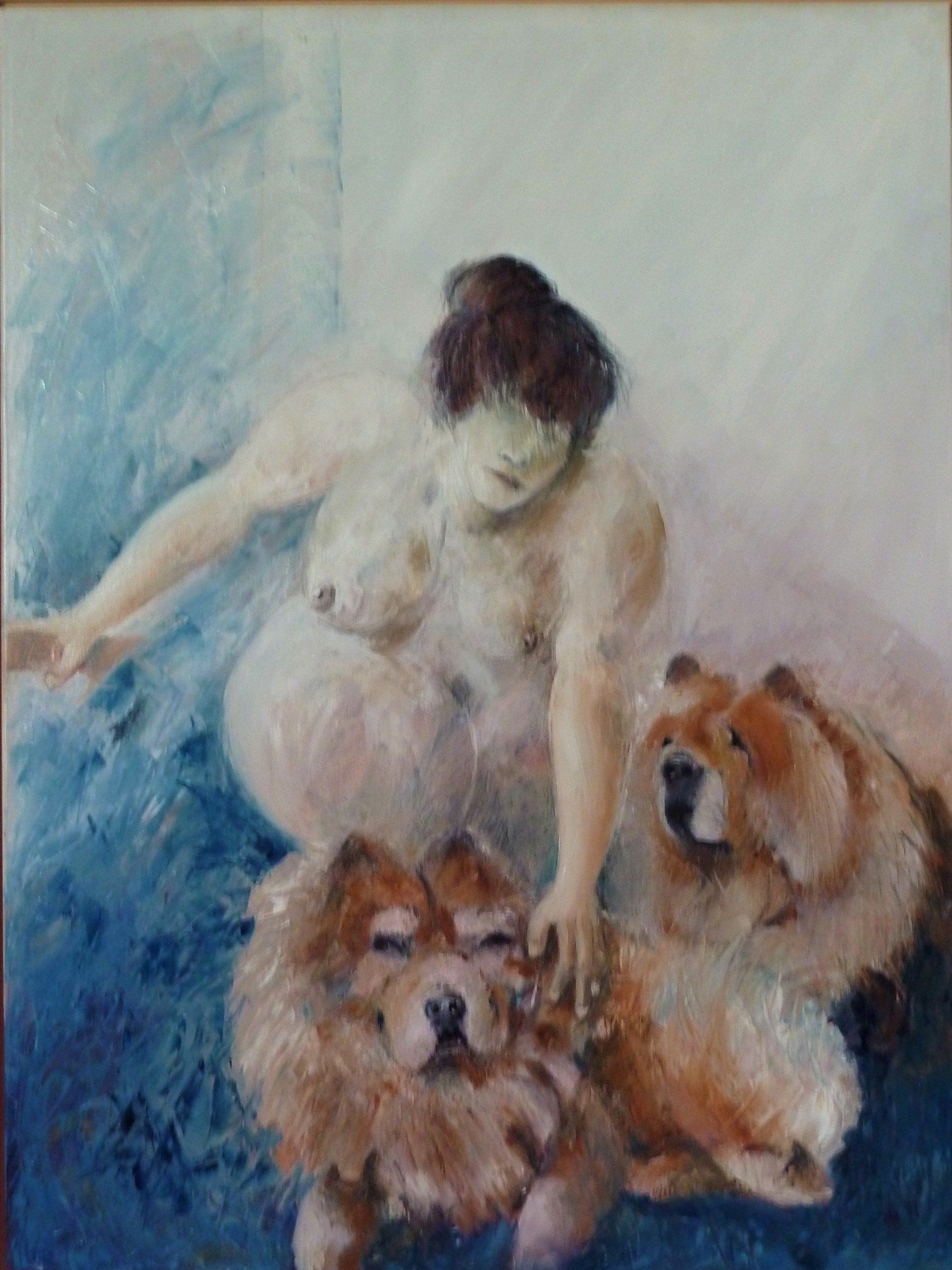 Zartes Aquarell einer Frau mit zwei flauschigen Hunden an ihrer Seite in Blau- und Cremetönen.