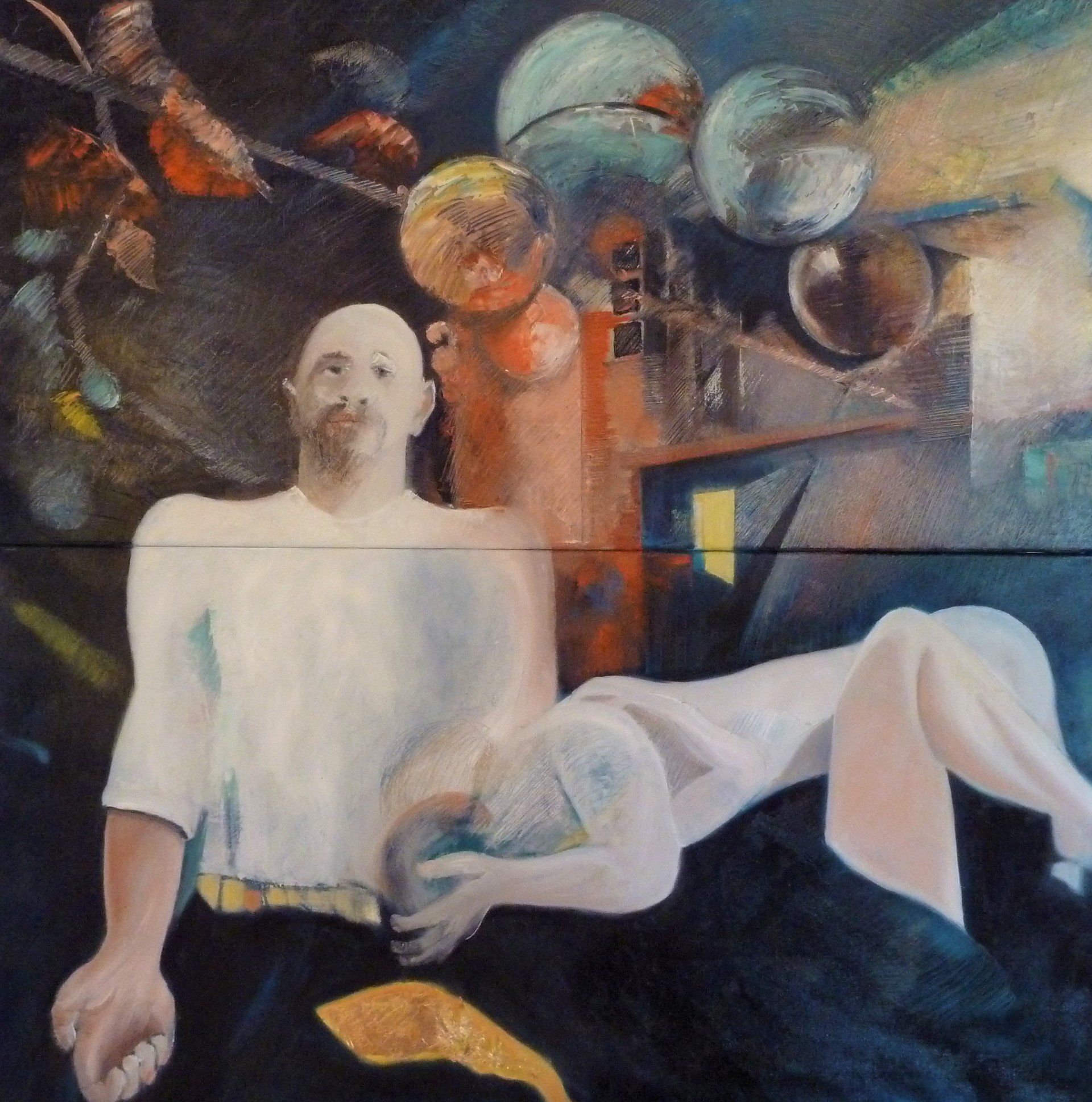 Abstraktes Gemälde einer sitzenden Figur neben einer liegenden Figur, darüber leuchtende Kugeln und geometrische Formen.