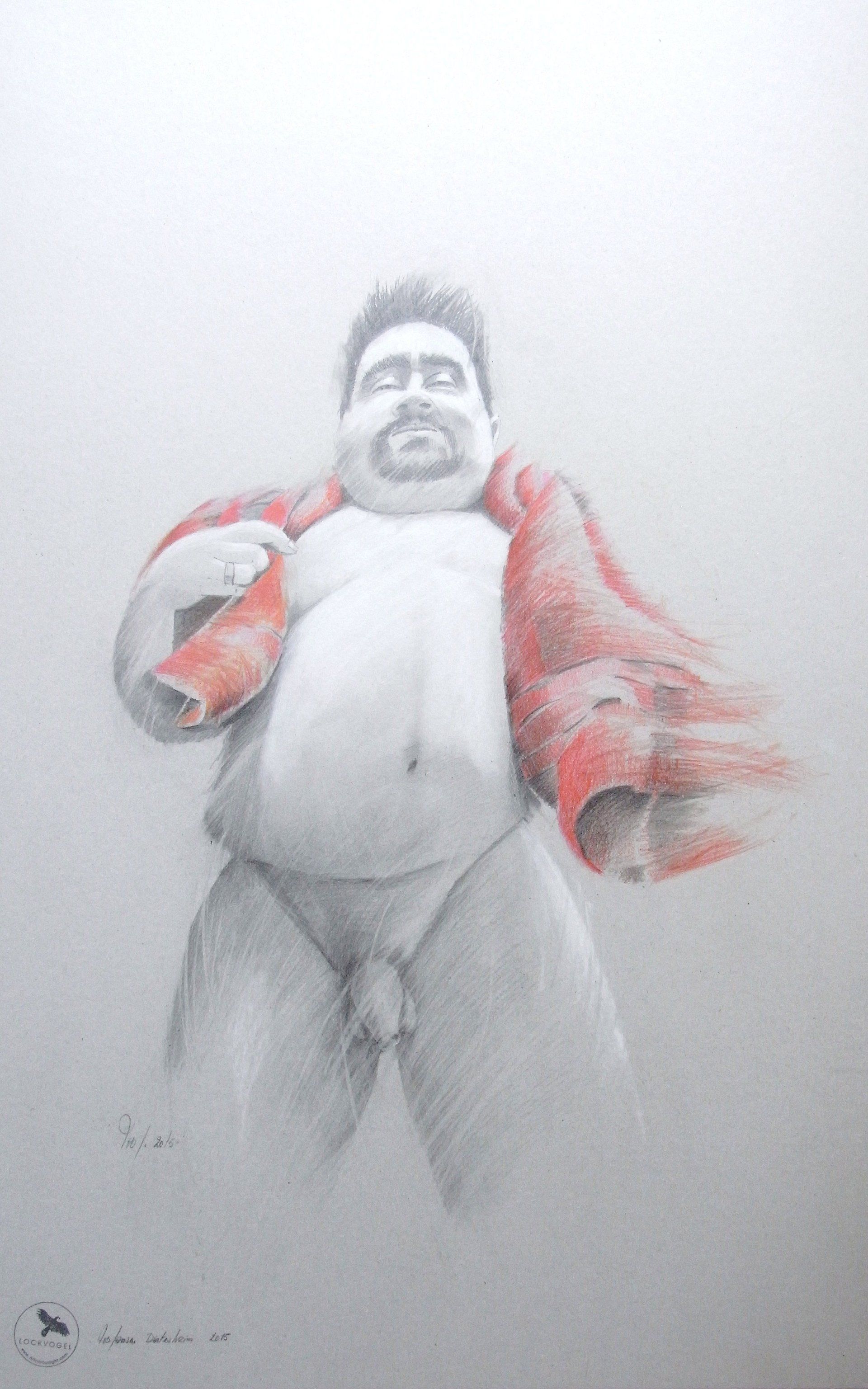Skizze einer stehenden Figur in roter Jacke und grauer Hose vor weißem Hintergrund.