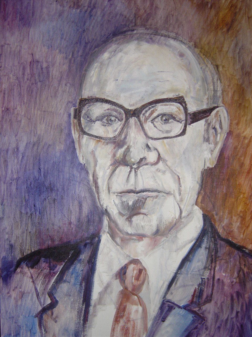 Porträt eines Mannes mit Brille und Anzug, gemalt in gedeckten Lila- und Grautönen