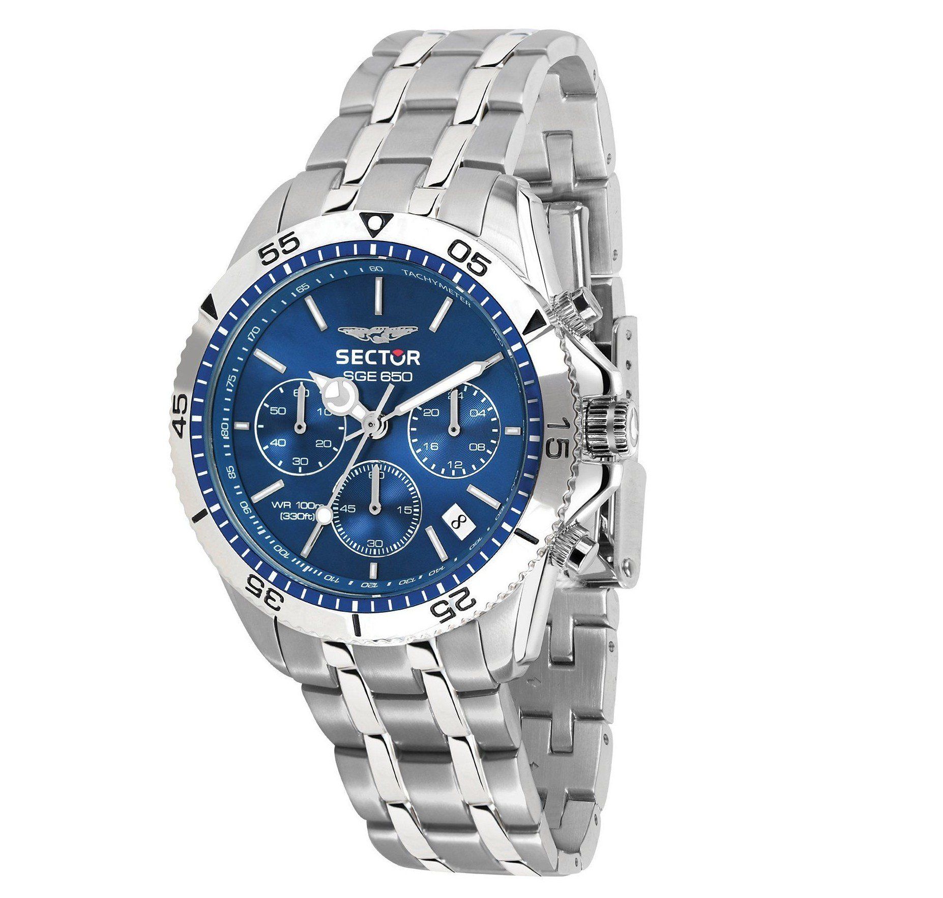 orologio sector in acciaio, quadrane blu