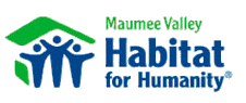 Logo for Maumee Valley Habitat for Humanity: green house over three people, blue text.