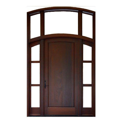 Solid single panel eyebrow radius door with 3 lite sidelites and matching transom