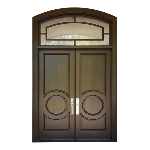 Solid wood double door with circle accent and arch top transom