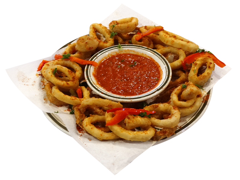 Fried calamari rings and peppers on a plate with red dipping sauce in the center.